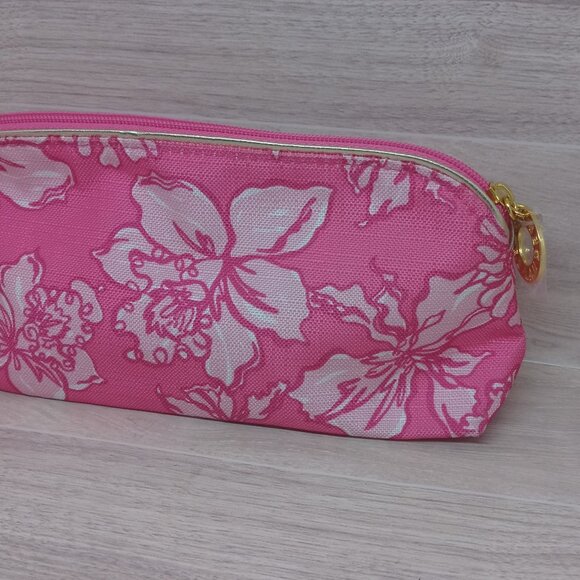 Lilly Pulitzer & Estee Lauder Pink Floral Cosmetic Makeup Bag with Gold Trim - Picture 3 of 12